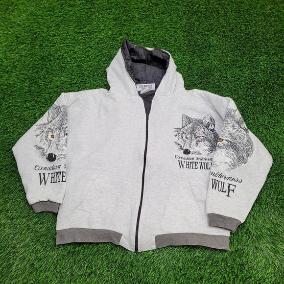 Vintage Wolf AOP Zip Hoodie Jacket Large 24x22 Baggy Gray - Picture 2 of 15